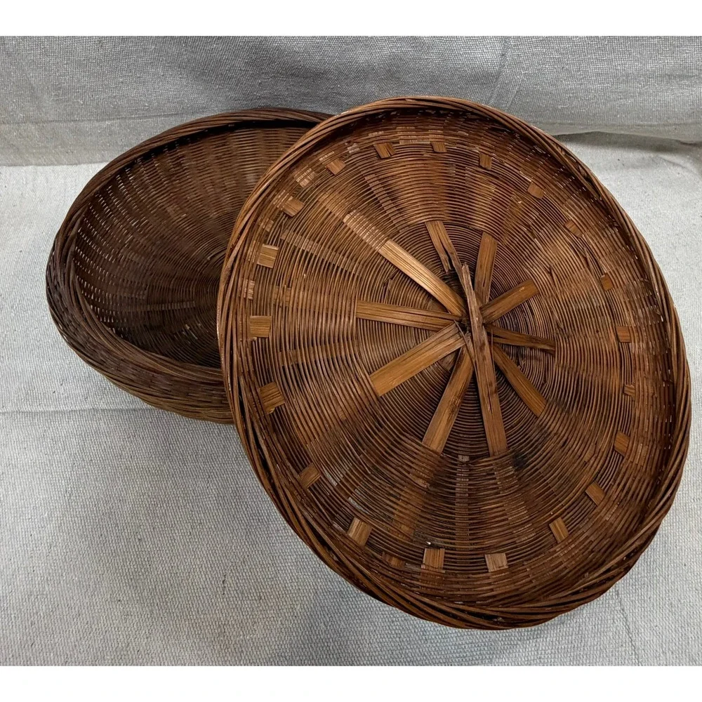 Vintage Round Wicker Basket with Lid Dark Brown Woven Storage Bowl 10x3.5 Rustic